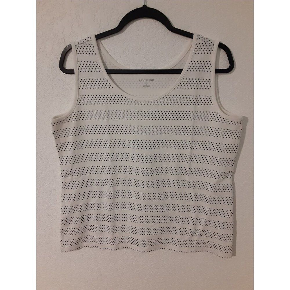 Lands End Womens Tank Top Sleeveless Polka Dot Black Ivory Size XL.